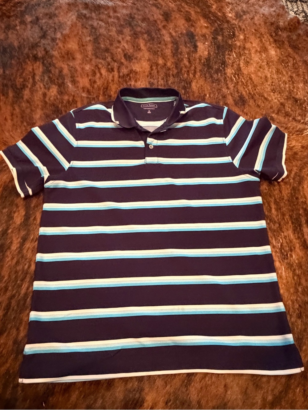 Polo Golf Mens Medium Short Sleeve Blue Stripped Shirt Club Room Performance